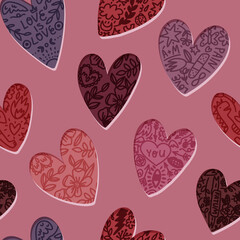 Valentine's Day hand-drawn seamless pattern with tattoo hearts, various symbols, phrases, messages. Trendy lilac palette