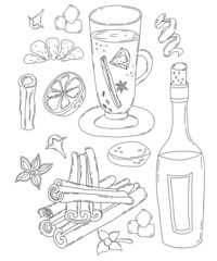 Set Christmas mulled wine. Vector illustration, in linear hand-drawn style. Glass and bottle of wine , orange slice, spices, cinnamon stick, cardamom, cloves and lemon zest. Isolated outline drawing