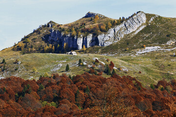 Italian sudtirol malga hiking trail in autumn foliage, Italy, Trentino