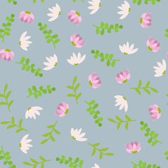 Seamless pattern with pink flowers on grey background