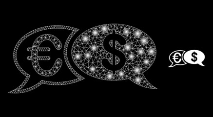Glossy polygonal mesh web financial chat messages icon with glow effect on a black background. Constellation financial chat messages iconic vector with glitter points in bright colors.
