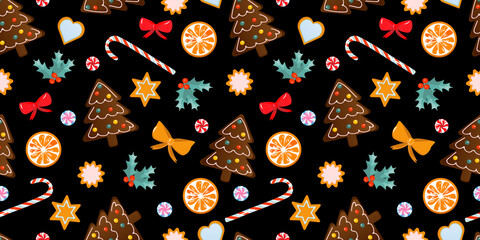 Template with the image of Christmas. Illustration for the New Year's holiday. Cookies, bows, New Year's red berries, candies on a black background.
