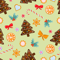 Pattern with image Merry Christmas. Illustration for the New Year's holiday. Cookies, bows, New Year's red berries, candies on a green background.
