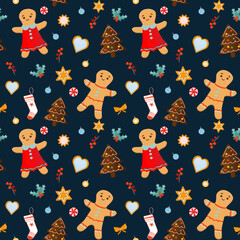 Pattern with the image of Christmas. Illustration for the New Year's holiday. Cookies, bows, New Year's red berries, candies on a blue background.
