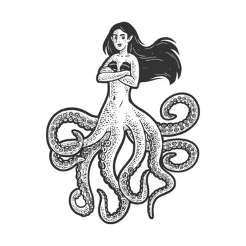 Octopus mermaid sketch raster illustration