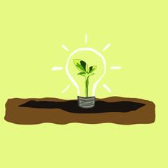 A small plant born in a light bulb. Environment, ecology concept.