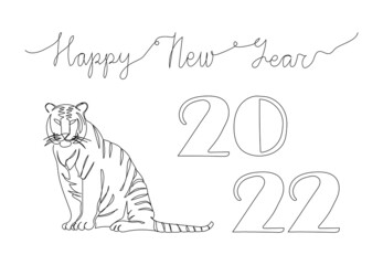 2022 New year card with tiger one line art. Continuous line drawing of new year holidays, christmas, chinese new year, symbol of the year, tiger, wild cat.