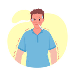 Man with high temperature semi flat color vector character. Posing figure. Full body person on white. Post covid syndrome isolated modern cartoon style illustration for graphic design and animation