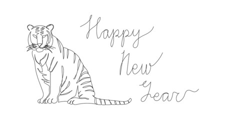 Happy new year card with tiger one line art. Continuous line drawing of new year holidays, christmas, chinese new year, symbol of the year, tiger, wild cat.