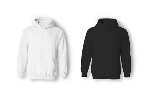 Blank white and black hoodies mockup isolated over white background. Handing on a wooden hanger unisex hoodies. 3d rendering. hooded sweatshirt, men's hooded jacket for your design mock up