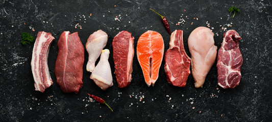 Big banner. Mix of steaks: salmon, beef, pork and chicken. Top view. Supermarket menu.