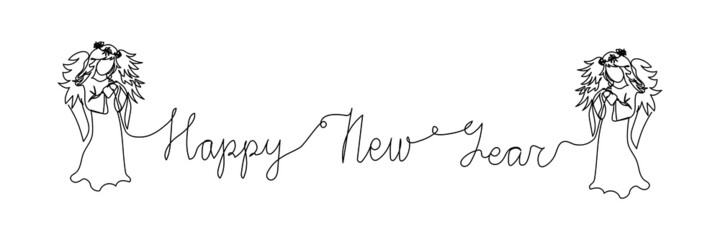 New year greeting card with holy angels one line art. Continuous line drawing of new year holidays, christmas, rest, weekend, celebration, decoration.