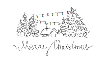Fototapeta premium Christmas card with winter landscape and colored electric garland one line art. Continuous line drawing of new year holidays, illumination, lighting, decoration.