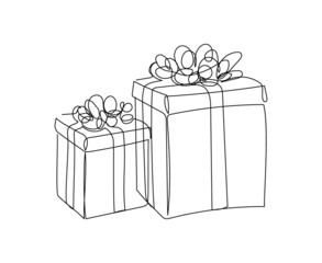 Gifts boxes with bows one line art. Continuous line drawing of new year holidays, christmas, celebration, packaging, holiday, giving, present, decoration.