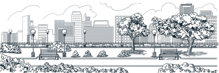 City buildings and park landscape horizontal background. Vector hand drawn sketch illustration of urban cityscape - 469653079