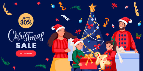 Obraz na płótnie Canvas Family in holiday costumes with gifts near Christmas tree. Mom, dad, boy girl celebrate New Year. Vector illustration