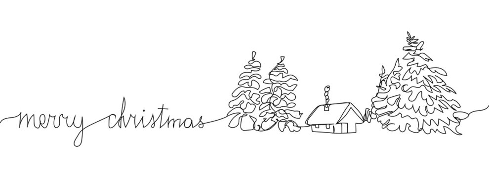 Christmas card with winter landscape one line art. Continuous line drawing of new year holidays, christmas weekend, celebration festive atmosphere, decoration.