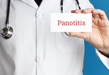 Panotitis. Doktor mit Stethoskop zeigt Karte. Hand hält Schild mit Text.