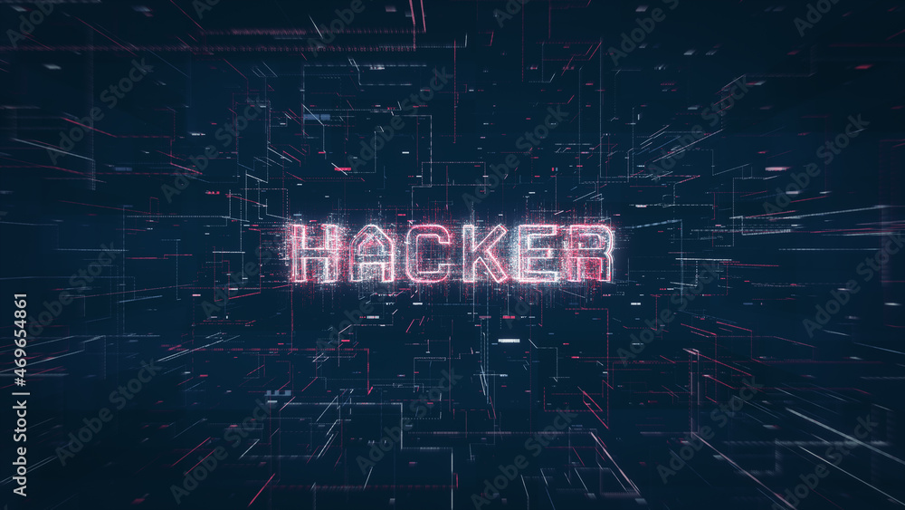 Poster Hacker title on a digital binary code network and data background