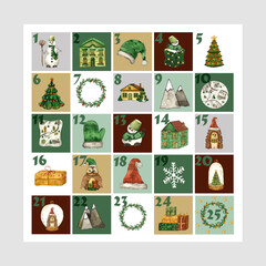 Fototapeta premium Watercolor advent calendar with cute illustrations