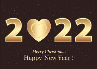 Happy New Year 2022. Festive banner with golden numbers 2022 and heart on dark background with greeting text. Happy Holidays. Vector illustration