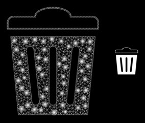 Glossy polygonal mesh web trashcan icon with glare effect on a black background. Wire frame trashcan iconic vector with illuminated dots in bright colors.