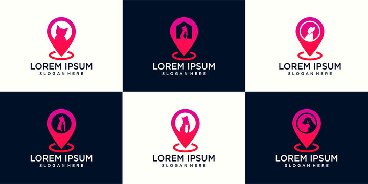 Set of Logo dog cat design vector template and map pointer logo combination. Animals Veterinary clinic Logotype concept outline icon.