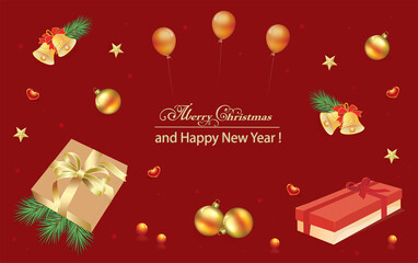 Fototapeta na wymiar Merry Christmas and Happy New Year 2022 banner with gift boxes, balls, bells, stars on a red background with balloons and hearts. Vector illustration.