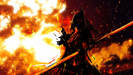 Naklejka premium Silhouette of a military man in a hood against the background of an explosion. he has a sharp sword in his hands. he is wearing a black robe, and sparks and smoke are flying in the background.2d art