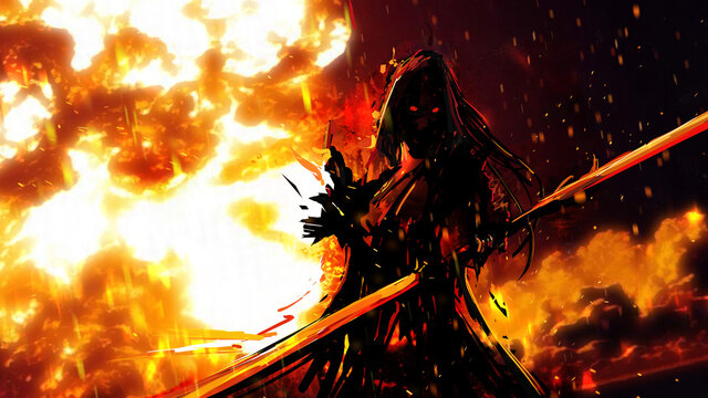 Silhouette of a military man in a hood against the background of an explosion. he has a sharp sword in his hands. he is wearing a black robe, and sparks and smoke are flying in the background.2d art