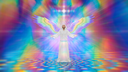 3d illustration rainbow energy around a praying angel