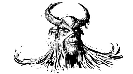 A dirty sketch of a tattoo.Black and white silhouette image of the minotaur's head. he has burning eyes and an angry expression on his face. He has a bull mask with horns and earrings . 2d art