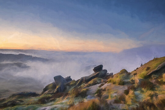 Digital oil painting of a cloud inversion, and mist at The Roaches, Staffordshire