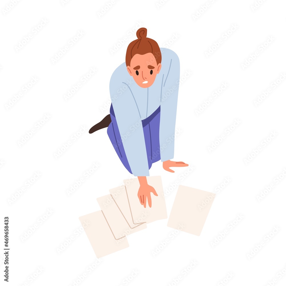 Poster clumsy person collecting dropped business documents from floor. awkward office worker sitting on kne