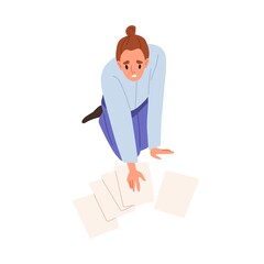 Clumsy person collecting dropped business documents from floor. Awkward office worker sitting on knees with mess from scattered sheets of paper. Flat vector illustration isolated on white background - obrazy, fototapety, plakaty