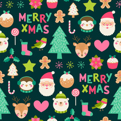 Cute cartoon character and christmas elements seamless pattern background.