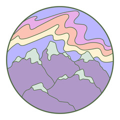 Vector illustration of mountain. Colorful hand drawn outline icon in circle frame. For print, web, design, decor, logo.