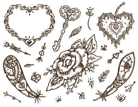 Vector boho Outline Set with hearts. Doodles. Feathers, love key, leaves, arrows, hearts, Rose flower.