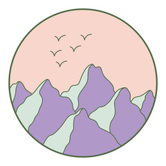 Vector illustration of mountain. Colorful hand drawn outline icon in circle frame. For print, web, design, decor, logo.