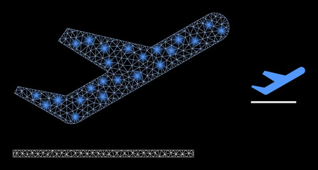 Glossy polygonal mesh web airplane takeoff icon with glow effect on a black background. Constellation airplane takeoff iconic vector with glamour dots in majestic colors.