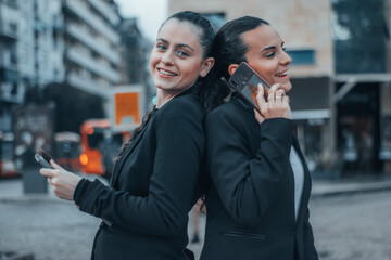 Gestoras de cabello moreno jóvenes hablando por teléfono móvil mientras llama y sonriendo...