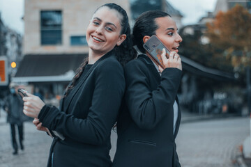 Mujeres de cabello moreno jóvenes charlando por teléfono móvil mientras llama y sonriendo mirando a la cámara en una plaza de la ciudad junto con su tablet digital y anotaciones fuera del trabajo