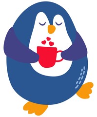 Cute hand-drawn penguin with a cup of cocoa. White background, isolate. Vector illustration.