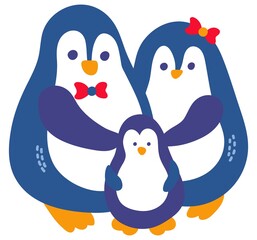 Fototapeta premium Family of penguins. Dad, mom and baby. Hand-drawn style. White background, isolate. Vector illustration.