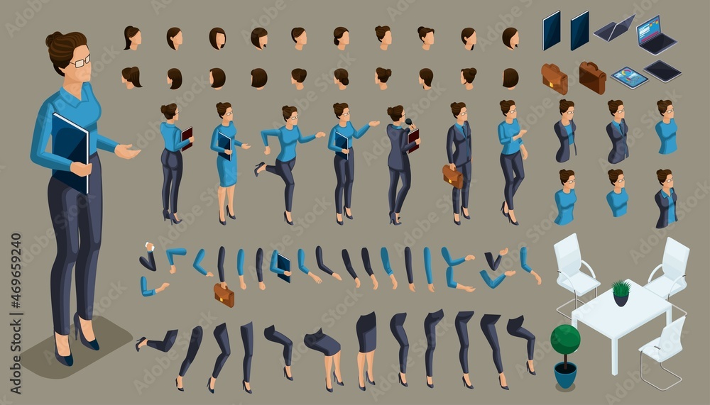 Poster create your own isometric office worker. 3d business lady. create person who walks around or sits fo