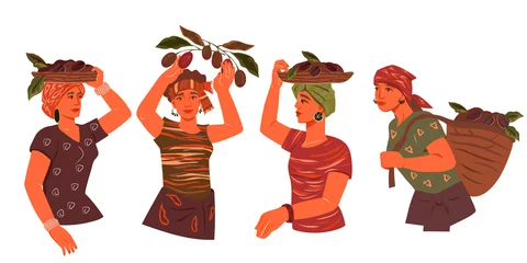 Foto op Canvas Coffee plantation farmers beautiful women carrying baskets of coffee beans, hand drawn flat vector illustration isolated on white background. Coffeehouse or coffee packaging design element. © Мария Гисина