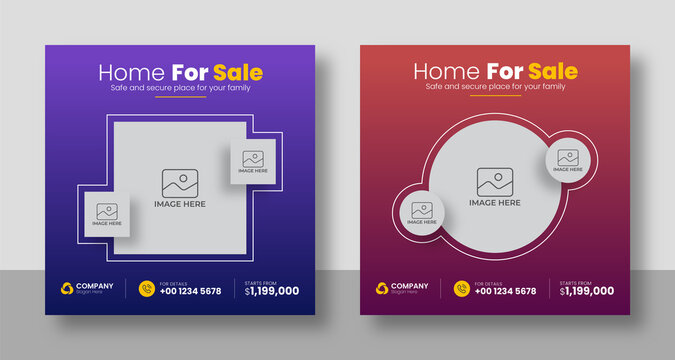 Set of social media templates for real estate agency. Square banners for house selling company