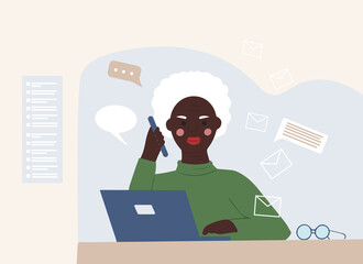 Elderly African American woman at her laptop working and chatting online . Vector flat illustration