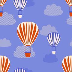 Hot air balloons in the blue sky with clouds. Modern seamless pattern of festival balls for trendy textiles and paper products. Vector.