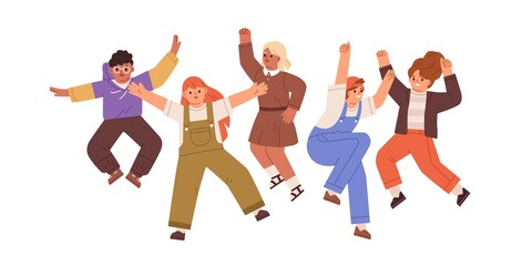 Happy children jumping. Group of cute kids rejoicing together. Fun and joy of excited little boys and girls friends. Smiling people in motion. Flat vector illustration isolated on white background